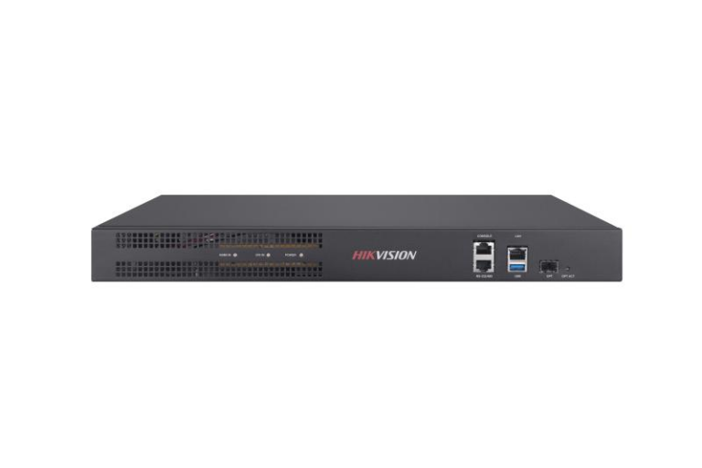 Front view of a Hikvision NVR/dvr security recorder with ventilation vents and USB ports on the front panel.