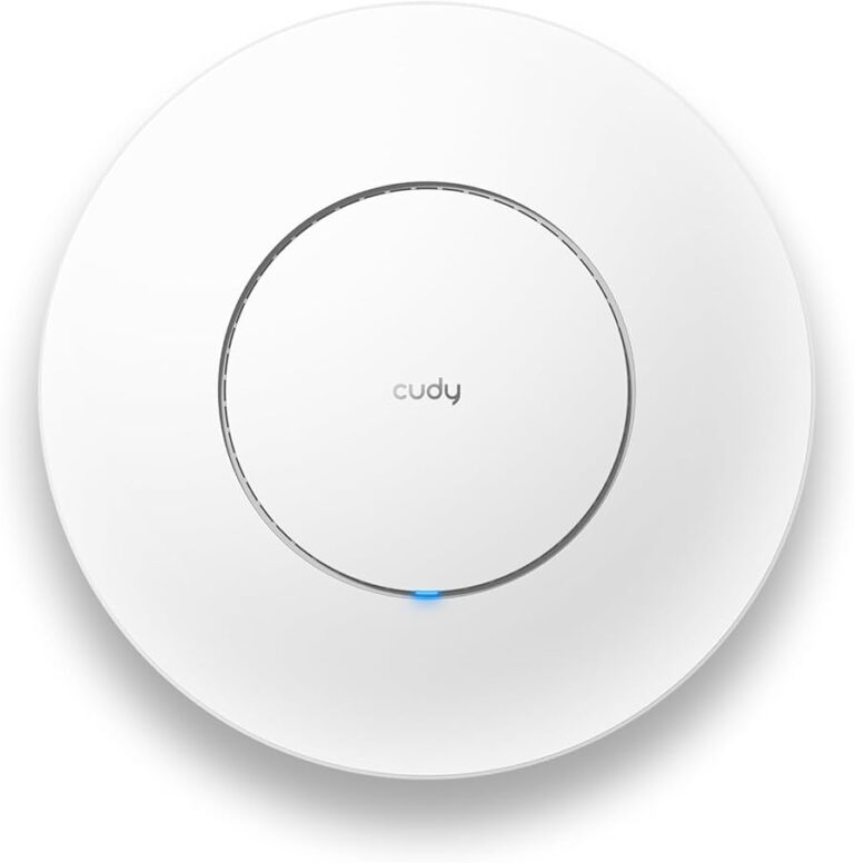 Round white Wi‑Fi access point with a blue status light in the front.
