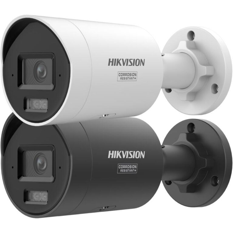 Pair of Hikvision security cameras with cylindrical housings (white and black) mounted on wall brackets, showing lenses and sensors.