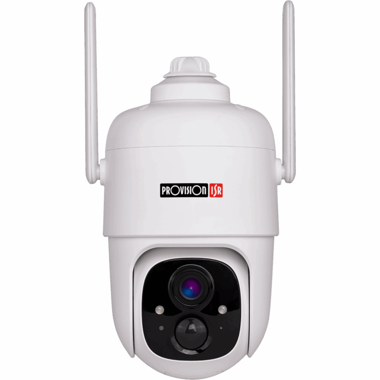 White dome security camera with two side antennas and a black lens housing, labeled Provision-ISR, facing forward.