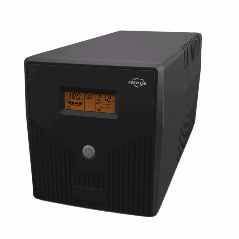 Front view of a black UPS unit with orange digital display, Armor Line logo, and round power button on a vented front panel