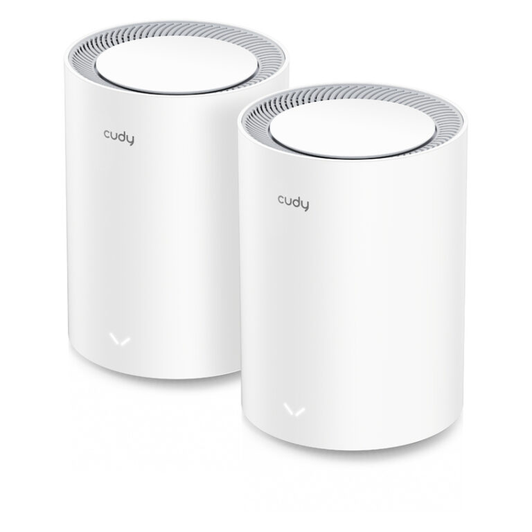 Pair of white cylindrical air purifiers with circular vented tops and subtle logos on the side.