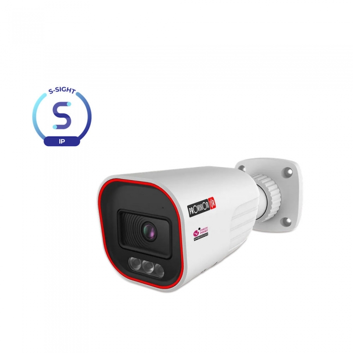 White security camera with black front lens and red trim mounted on a wall, labeled ProVision IP, with S-SIGHT logo nearby.