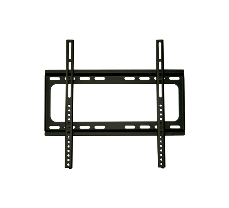 Black metal adjustable TV wall mount bracket with two vertical rails on a white background.