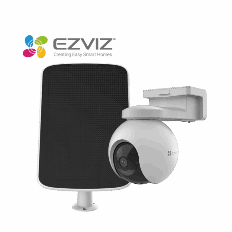 EZVIZ outdoor security camera with wall mount, logo above the setup.