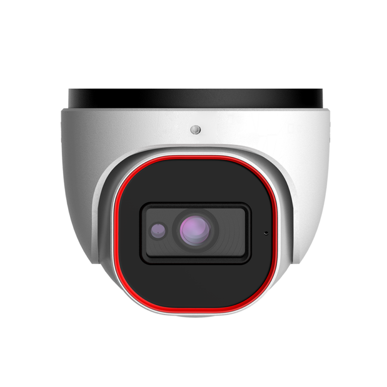 White dome security camera with black lens and red accent ring, facing forward for surveillance.