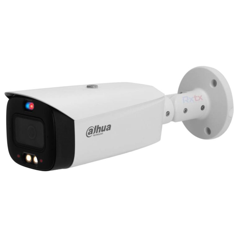 White Dahua surveillance bullet camera with black front lens, mounted on a round wall bracket.