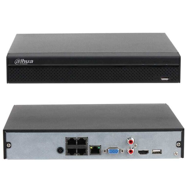 Dahua NVR front and rear view: front panel with vented grille and USB port; rear panel shows Ethernet ports, VGA, HDMI, USB, and audio jacks.
