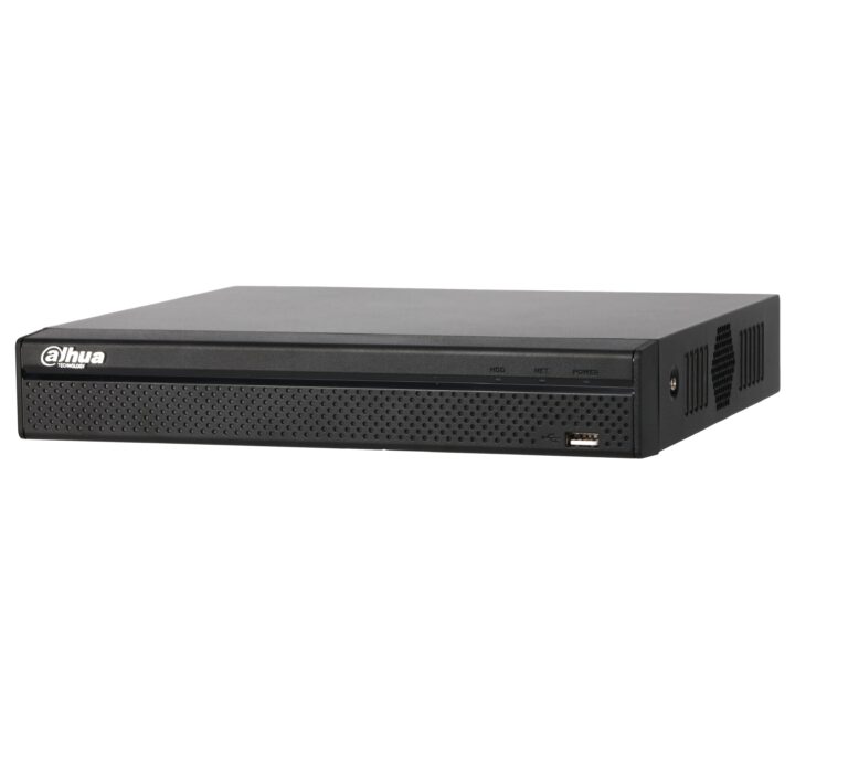 Front view of a Dahua network video recorder (NVR) with a perforated front panel and USB port on the right.