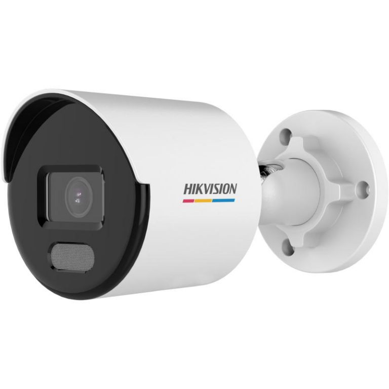 Hikvision outdoor security camera with white housing and mounting bracket facing left