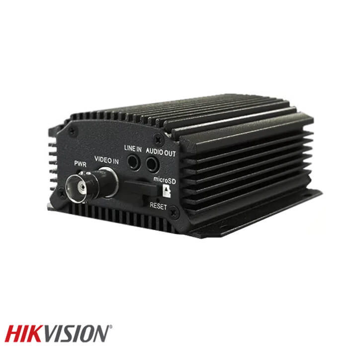 Hikvision rugged black video encoder with front-panel ports: video in, line in, audio out, microSD, power, and reset.