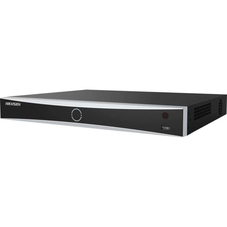 Front view of a Hikvision security DVR/NVR with black panel, silver trim, circular control dial, USB port, and status indicator light.