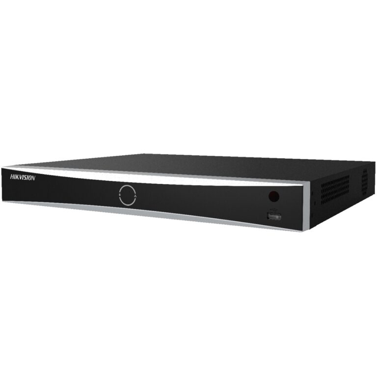 Front view of a Hikvision DVR/NVR with a circular control dial and a USB port on the right side.