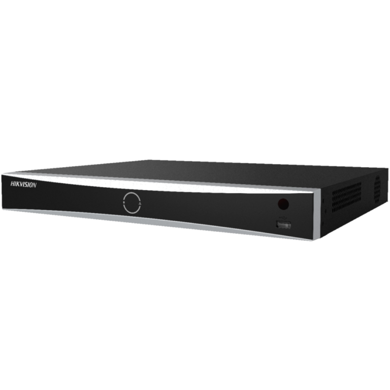 Front view of a Hikvision security NVR/DVR with a circular control knob, USB port, and status lights on the front panel (black and gray chassis).