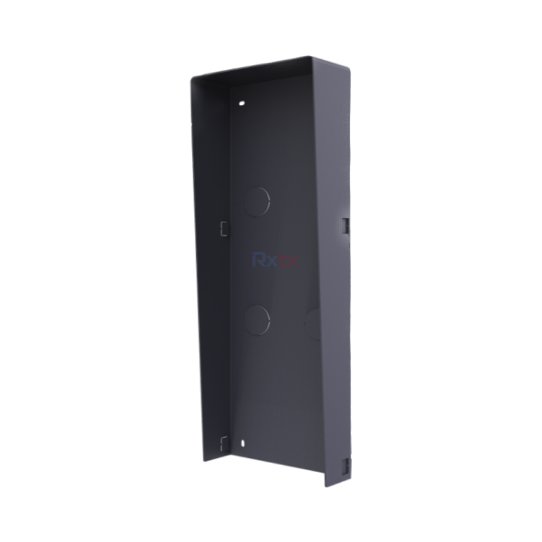 Tall dark gray metal electrical enclosure with a hinged front door and circular knockouts inside