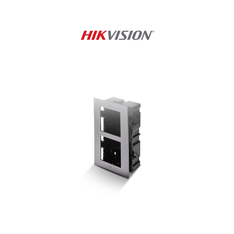 Hikvision logo above a tilted metal dual-slot device with two rectangular openings