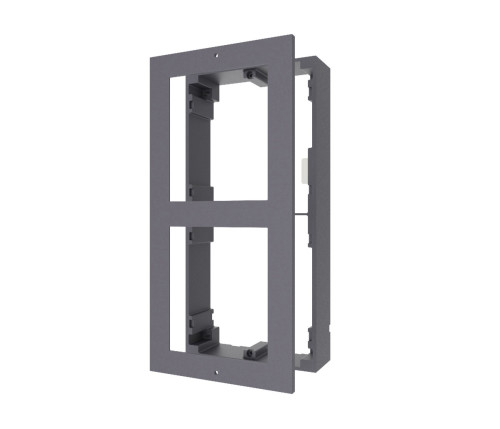 Double-gang metal wall-mount frame for electrical outlets with two rectangular openings to hold devices, gray finish.