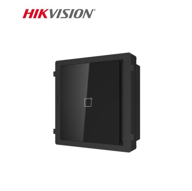 Hikvision logo above a black square wall-mounted touch panel with a small central square icon