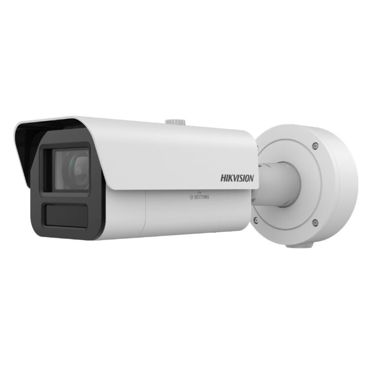 Hikvision white surveillance camera mounted on a wall bracket, ready for outdoor use