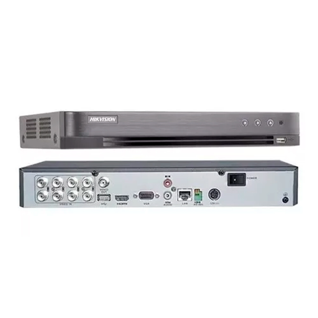 Hikvision DVR with eight BNC video inputs on the back plus HDMI, VGA, USB, audio, Ethernet, and power connectors used for CCTV surveillance.