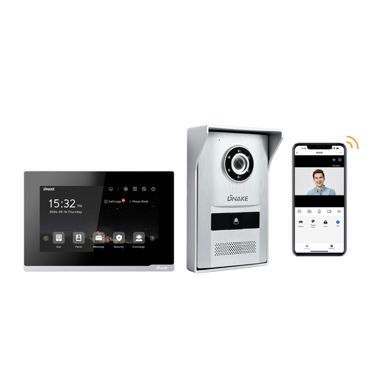 Home security system with a touchscreen control panel, video doorbell, and a mobile app interface on a phone.