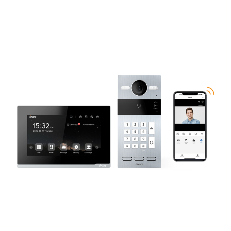 Touchscreen security panel, metal video doorbell with keypad, and a smartphone displaying the security app.