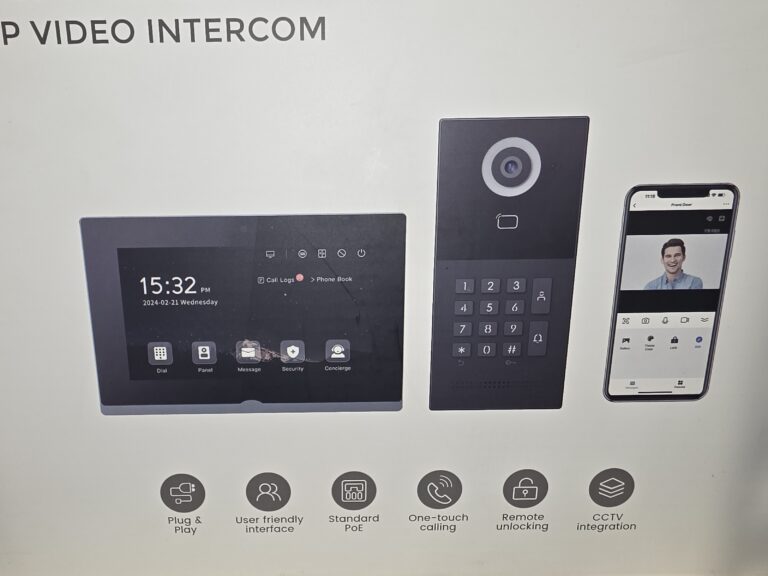 Video intercom system showing wall-mounted touchscreen, door keypad panel, and a mobile app on a smartphone for remote access and video calls.
