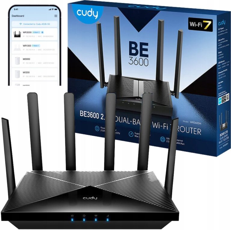 Cudy BE3600 dual-band Wi‑Fi router with six external antennas and the product box nearby; a smartphone app interface is shown in the corner for setup or monitoring.