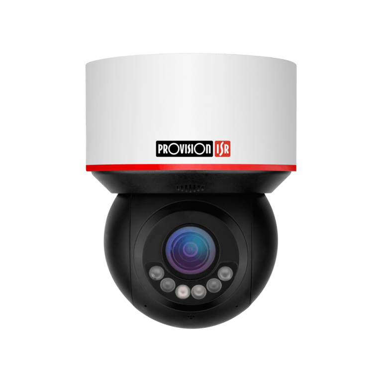Dome security camera with white housing, black base, and Provision-ISR branding, used for surveillance.