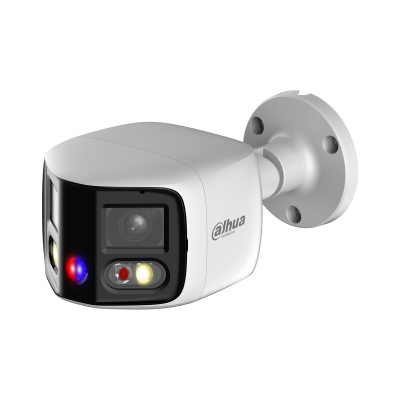 Dahua outdoor security camera with white housing mounted on a round wall bracket; front shows lens, infrared LEDs, and status lights.