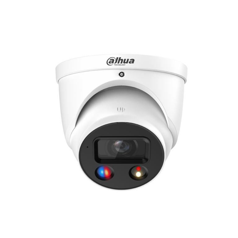 Dahua white dome security camera with lens facing downward.
