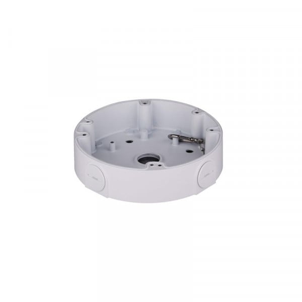 White circular electrical mounting base with screw holes, used to attach a ceiling light or sensor fixture