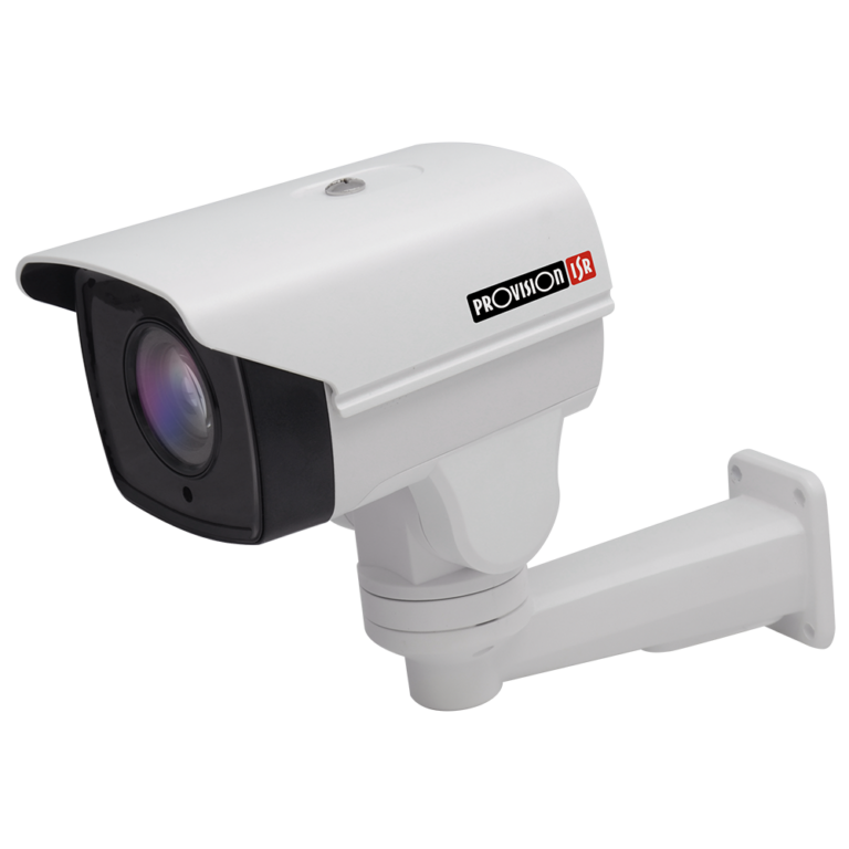 White surveillance camera with black lens housing mounted on a white support arm and bracket