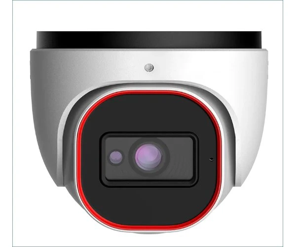 White dome security camera with a black lens and red accent ring, facing forward