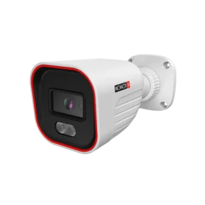 Bullet-style white security camera with black front panel and red trim, wall-mounted on a bracket (provision isr).