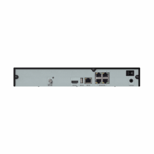 Rear view of a network appliance showing HDMI, USB, LAN ports and four PoE ports in a row.
