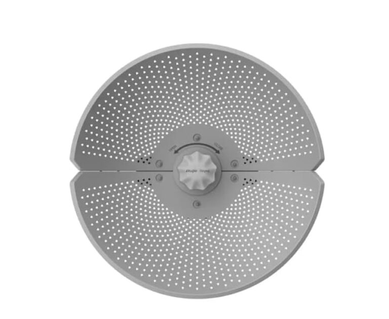 Dual-sided round shower head with numerous small nozzles and a central adjustment knob for flow control (split design).”,