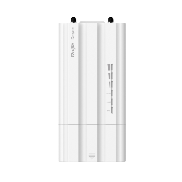 Ruijie white network device standing upright with two antennas and LED indicators on the front panel