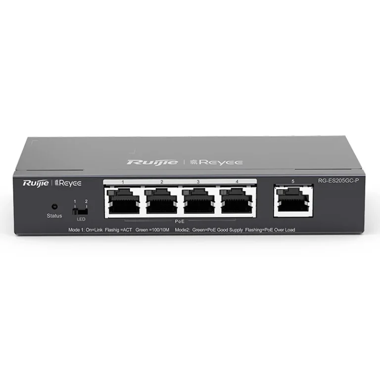 Ruijie RG-ES205GC-P five-port PoE network switch with front LEDs and RJ-45 ports 1–5