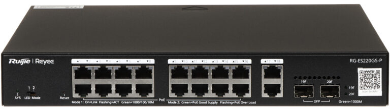 Front view of a Ruijie Reyee RG-ES220GS-P network switch with multiple RJ-45 ports and two SFP uplink slots on the front panel