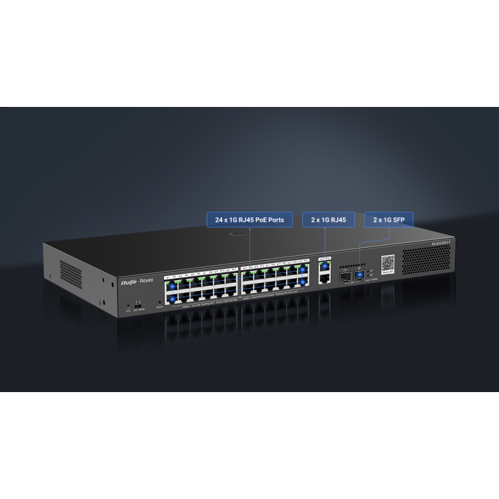 Rack-mount network switch with 24 PoE RJ-45 ports, plus 2 additional 1G RJ-45 and 2 1G SFP uplink ports (front view).