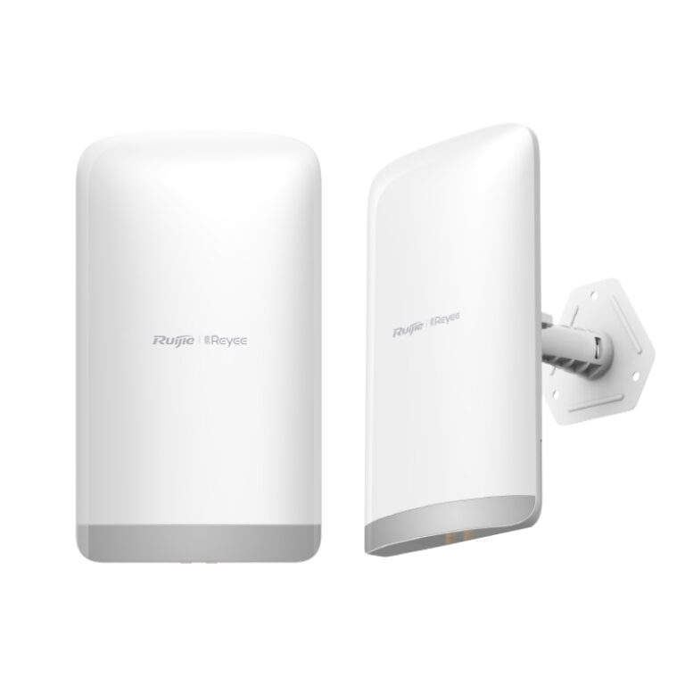 Two white wall‑mounted wireless access points (Ruijie) shown from the front and side on a bracket.