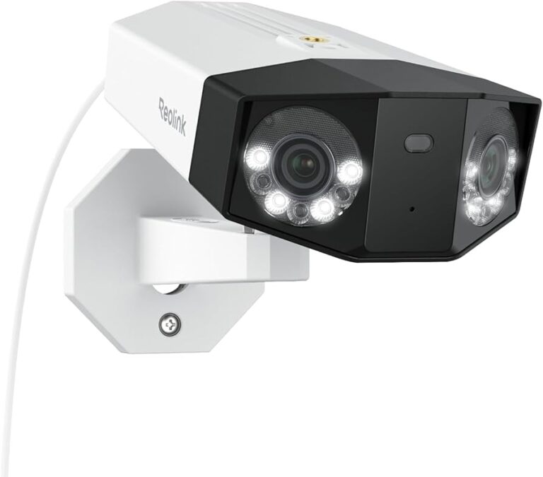 White and black surveillance camera mounted on a wall bracket with LED ring lights around the lens for night vision