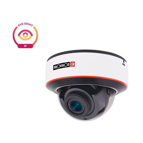 Dome security camera (Provision ISR) with white housing and red trim; Eye-Sight IP logo in the upper left.