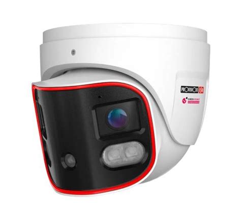 White dome security camera with black front panel and red trim, angled to show lens and sensors.