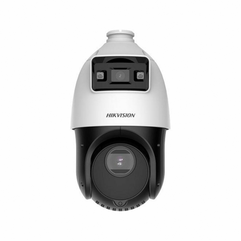 Hikvision dome security camera mounted on a white housing, front-facing lens and sensors visible