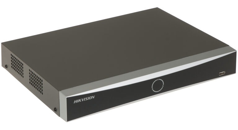 Hikvision network video recorder (NVR) front view with USB port on the right and ventilation holes on the left side; circular indicator on panel