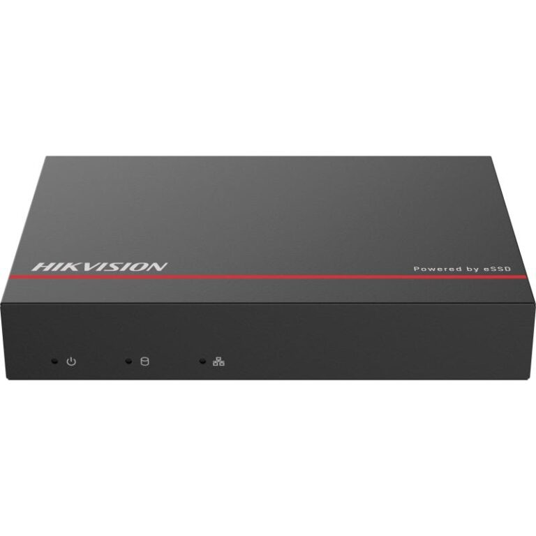 Hikvision network video recorder/NVR with a red stripe and front-panel LEDs indicating power and status (Powered by eSSD).