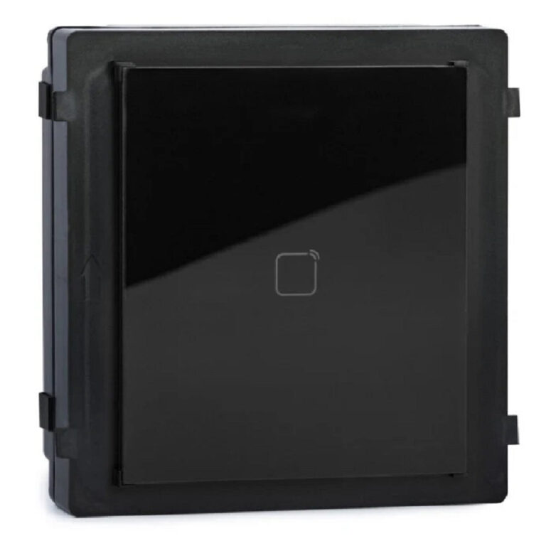 Black wall-mounted card reader panel with a small central square touch area.