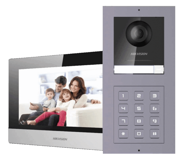 Hikvision video door intercom with camera above a numeric keypad; screen shows a family photo on the display